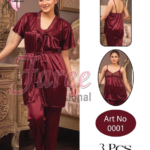 Faree Satin 3-Piece Bridal Nighty & Pajama Set