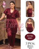 Faree Satin 3-Piece Bridal Nighty & Pajama Set
